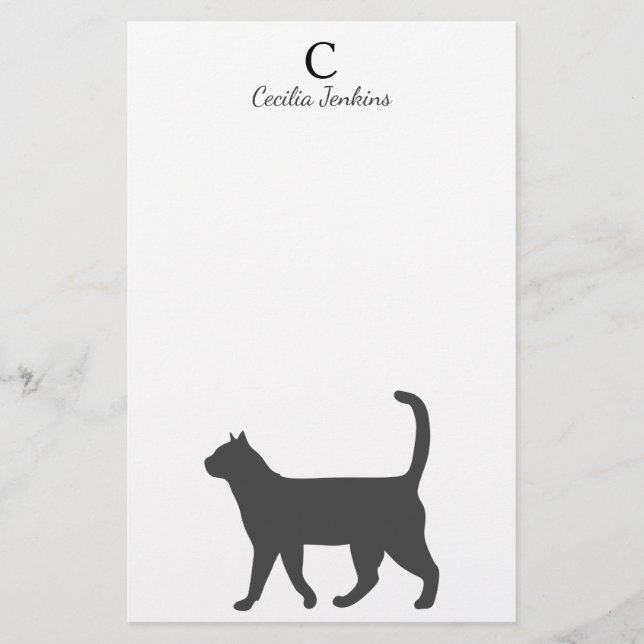 Moderne graue Katzen-Silhouette u. Name Briefpapier (Vorderseite)