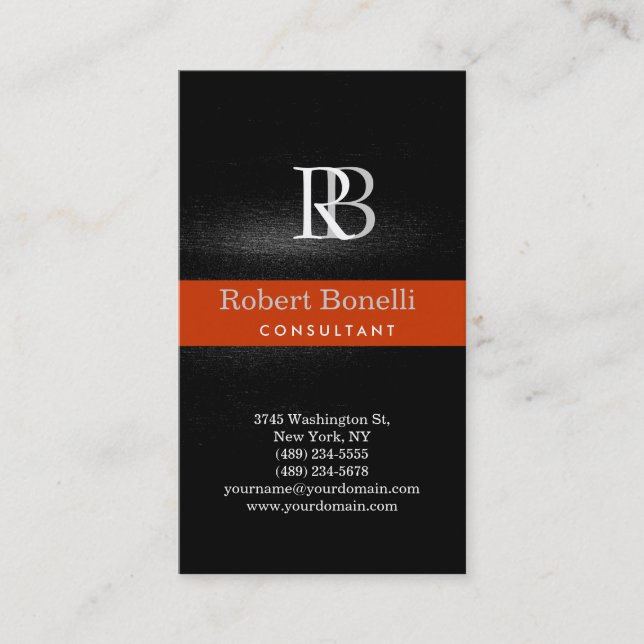 Moderne graue Monogram Orange Strip Business Card Visitenkarte (Vorderseite)