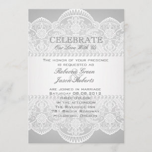 moderne graue Perlen-Weiß-Spitze Vintage-Hochzeit Einladung