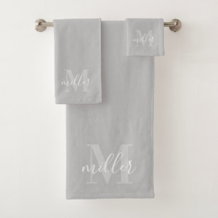 Moderne graue personalisierte Familiennamensmonogr Badhandtuch Set