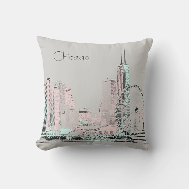 Moderne graue rosa Minze Chicago-Skyline Kissen (Vorderseite)