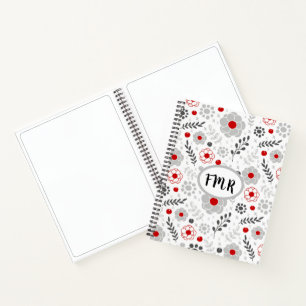 Moderne graue rote Floral Monogramm Sketch Notizbuch
