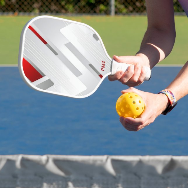 Moderne graue rote geometrische Monogramm Pickleball Schläger (InSitu)