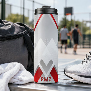 Moderne graue rote geometrische Monogramm Thermosbecher