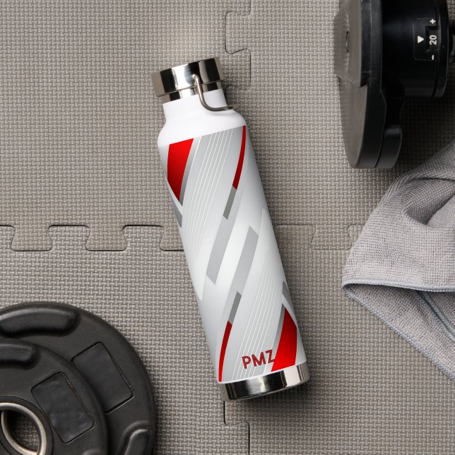 Moderne graue rote geometrische Monogramm Trinkflasche (Fitnessstudio (gedreht))