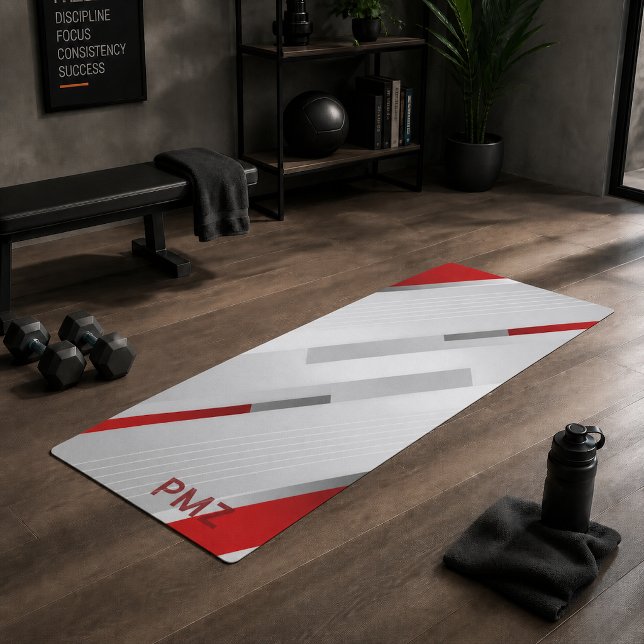 Moderne graue rote geometrische Monogramm Yogamatte (Von Creator hochgeladen)