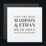 Moderne graue Typografie Save the Date Magneteinladung<br><div class="desc">Moderne Typografie Save the Date mit Ihren Hochzeitsdetails in großen, grauen, fetten Blockbriefen auf weißem Hintergrund. Ein einfaches, zeitgenössisches Design, das für das minimalistische Paar ideal ist. DESIGN TIPP: Um zu erreichen, dass die Zeilen die gleiche Länge haben, klicken Sie auf die Schaltfläche Anpassen und vergrößern/verkleinern jeder Zeile. Wenn Sie...</div>
