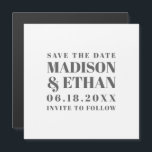 Moderne graue Typografie Save the Date Magneteinladung<br><div class="desc">Moderne Typografie Save the Date mit Ihren Hochzeitsdetails in großen, grauen, fetten Blockbriefen auf weißem Hintergrund. Ein einfaches, zeitgenössisches Design, das für das minimalistische Paar ideal ist. DESIGN TIPP: Um zu erreichen, dass die Zeilen die gleiche Länge haben, klicken Sie auf die Schaltfläche Anpassen und vergrößern/verkleinern jeder Zeile. Wenn Sie...</div>
