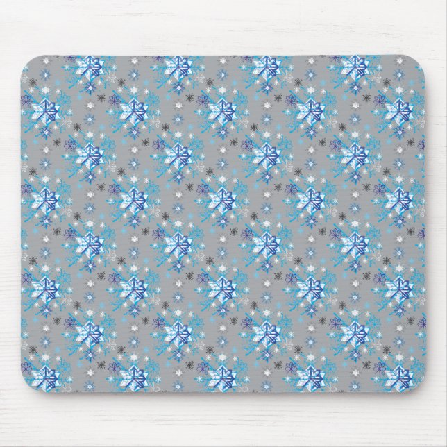 Moderne graue und blaue Holiday Snowflakes Muster Mousepad (Vorne)
