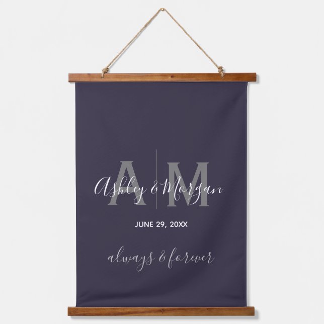 Moderne graue und blaue Monogramm-Hochzeit Wandteppich Mit Holzrahmen (Vorderseite)