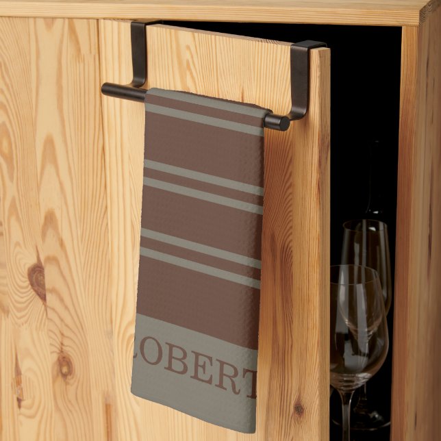 moderne graue und braune Streifen Muster Monogramm Geschirrtuch (Drittel gefaltet)