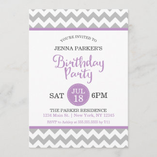 Moderne, graue und Lila Zickzack Geburtstagsparty Einladung