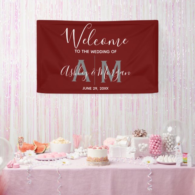 Moderne graue und rote Paare Monogramm Hochzeit Banner (Party)