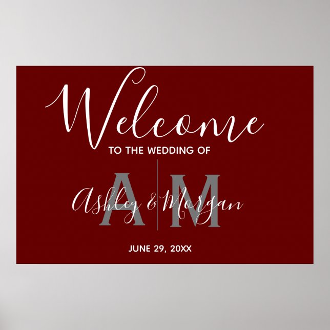 Moderne graue und rote Paare Monogramm Hochzeit Be Poster (Vorne)