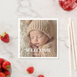 Moderne graue und weiße Geburtsanzeige mit Foto Serviette