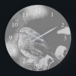 Moderne graue und weiße Robin Vogel Foto Art Große Wanduhr<br><div class="desc">Moderne Graue und Weiße Robin-Vogel,  Röstchen,  Foto Art Uhr</div>
