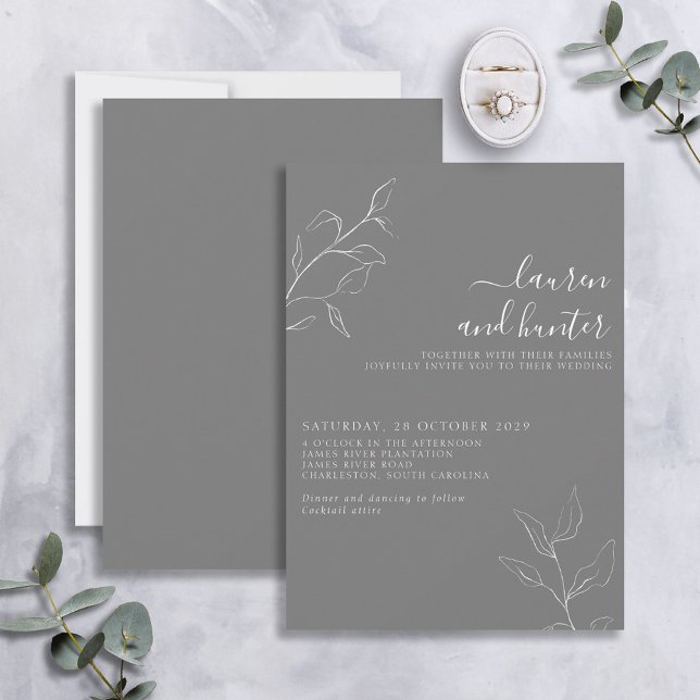 Moderne graue weiße Schrift Botanische Hochzeit Einladung (Von Creator hochgeladen)