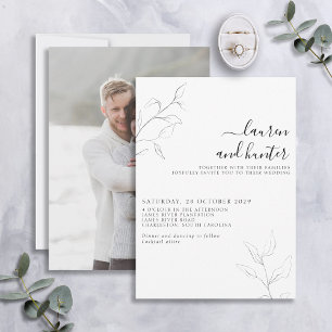 Moderne graue White Script Botanical Foto Wedding Einladung