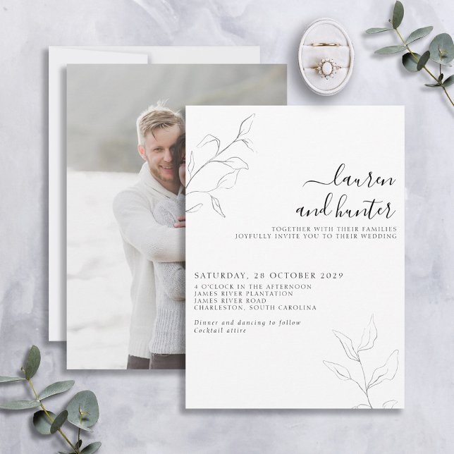 Moderne graue White Script Botanical Foto Wedding Einladung (Von Creator hochgeladen)
