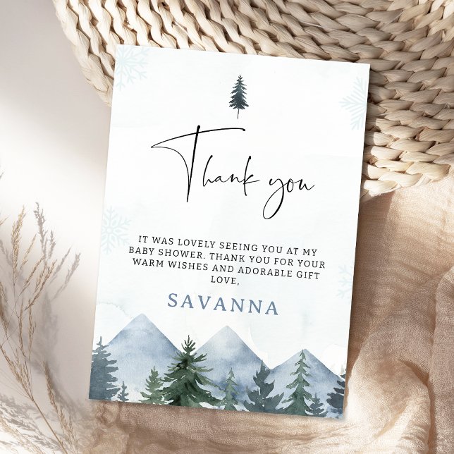 Moderne graue Wildnis-Winter-Baby-Party  Dankeskarte (Mountains Thank You Card, Pine Trees Baby Shower Thank You Card, Winter Wilderness Thank You Tag)