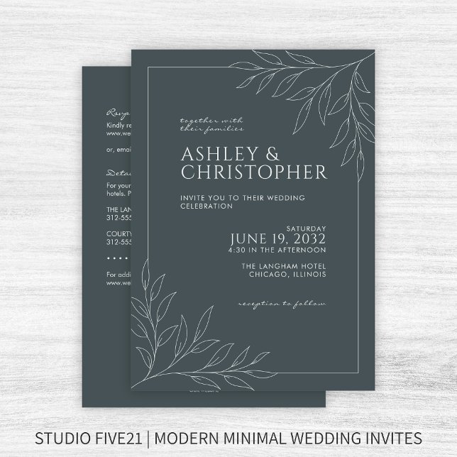 Moderne Gray Foliage Kontur All-in-One Hochzeit Einladung (Von Creator hochgeladen)