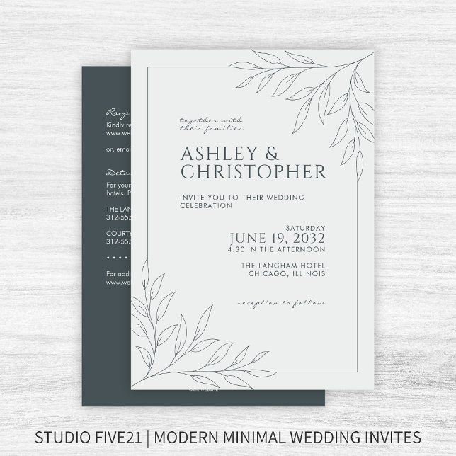Moderne Gray Foliage Kontur All-in-One Hochzeit Einladung (Von Creator hochgeladen)