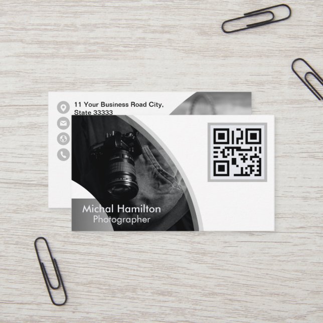 Moderne Gray Fotograf Business Card Visitenkarte (Vorderseite/Rückseite Beispiel)