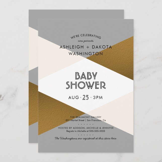 Moderne Gray & Gold Geometric Baby Dusche Einladung (Vorne/Hinten)