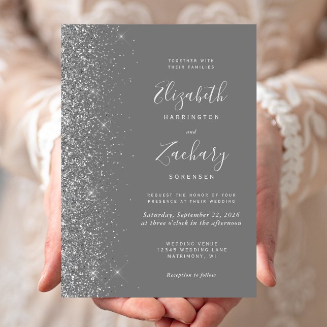 Moderne Gray Silver Glitzer Edge Wedding Einladung (Von Creator hochgeladen)