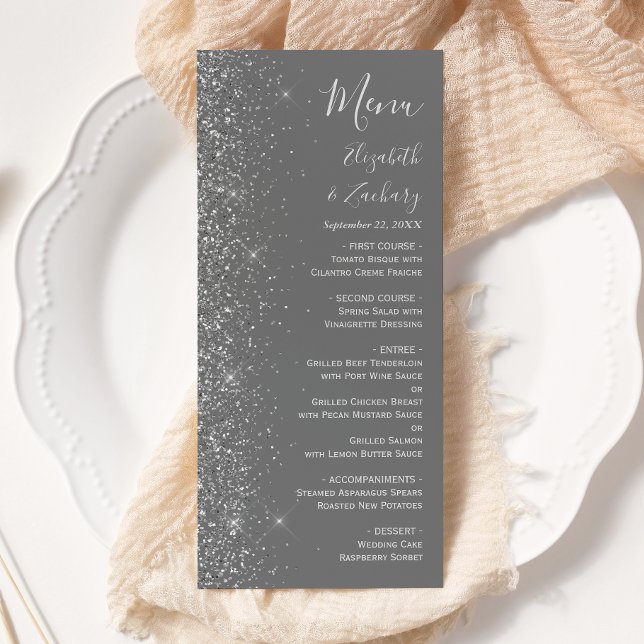 Moderne Gray Silver Glitzer Edge Wedding Menükarte (Von Creator hochgeladen)