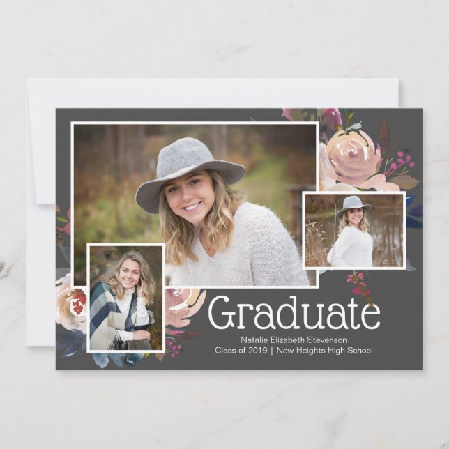 Moderne Gray Three Foto Floral Graduation Party Einladung (Vorderseite)