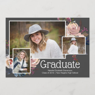 Moderne Gray Three Foto Floral Graduation Party Einladung