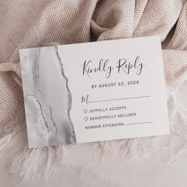 Moderne Gray White Silver Agate Wedding RSVP Karte (Von Creator hochgeladen)