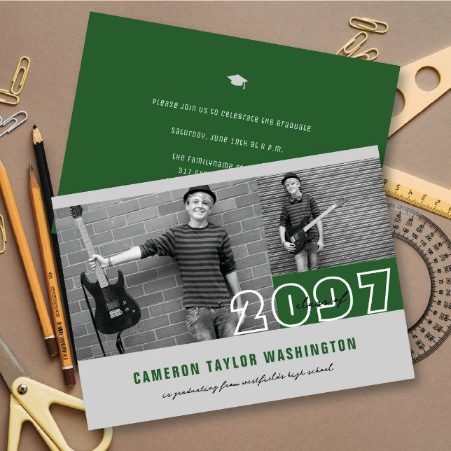 Moderne Green 2 Foto Block Simple Graduation Party Einladung (Modern Green 2 Photo Blocks Simple Graduation Announcement & Party Invitation @ fatfatin)