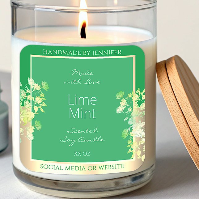 Moderne Green Floral Product Packaging Labels Gold Quadratischer Aufkleber (Von Creator hochgeladen)