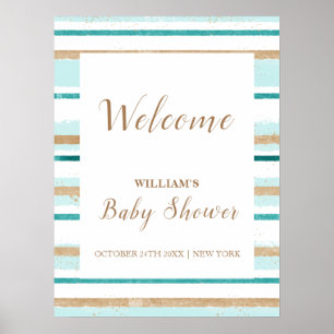 Moderne Green Gold Stripe Baby Dusche Willkommen Poster