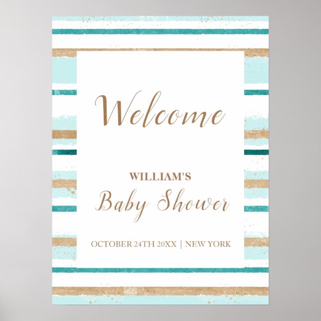 Moderne Green Gold Stripe Baby Dusche Willkommen Poster (Vorne)