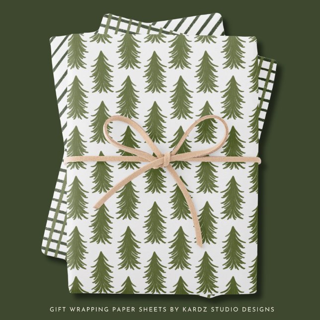 Moderne Green Holiday Wrapping Paper Sheets Geschenkpapier Set (Green trees, stripes and gingham patterns to give your gifts a unique rustic yet modern feeling)
