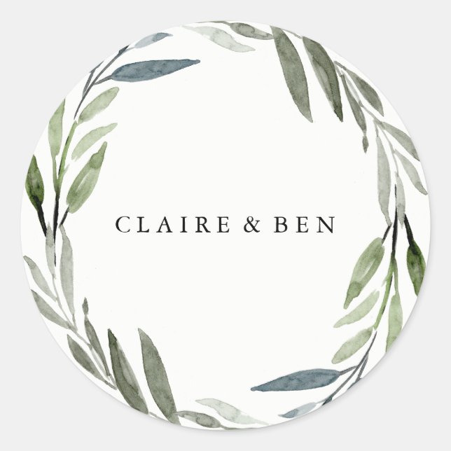 Moderne Green Leaf Wreath Wedding Sticker (Vorderseite)