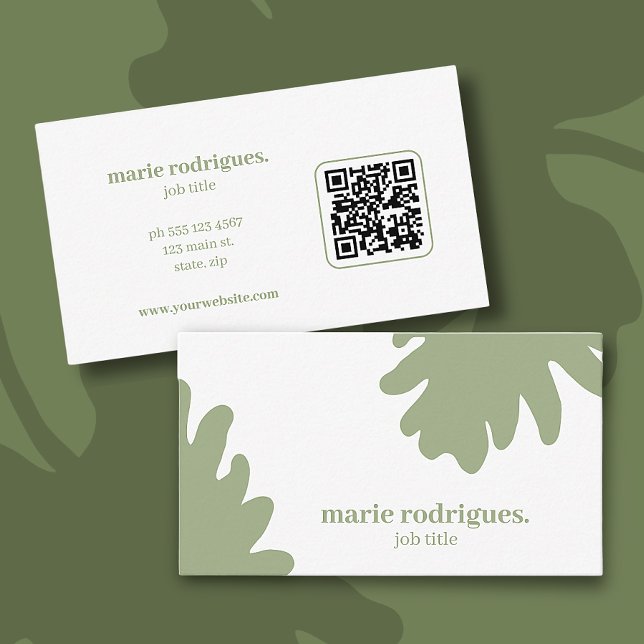 Moderne Green QR Code Business Card Visitenkarte (Beautiful, simple and modern green leaves business card with Qr code. Personalize with name + info)
