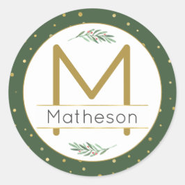 Moderne Green und Gold Holiday Monogram und Name Runder Aufkleber