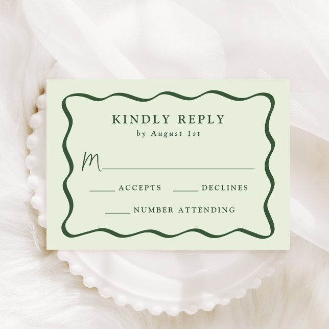 Moderne Green Wavy Frame Wedding RSVP Karte (Von Creator hochgeladen)