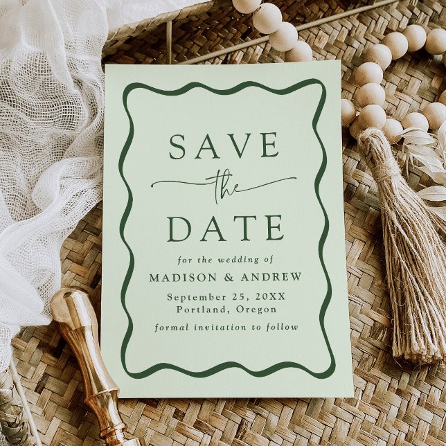 Moderne Green Wavy Frame Wedding Save The Date (Von Creator hochgeladen)