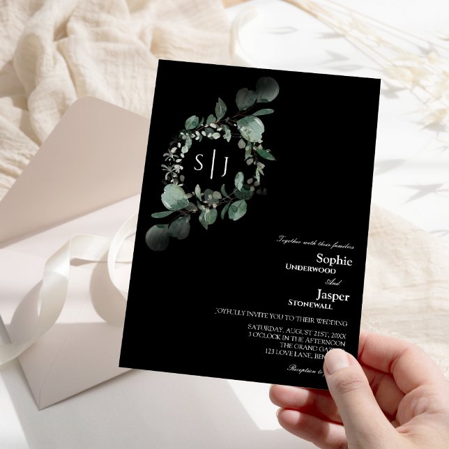 Moderne Greenery Black Monogram Wedding Einladung (Von Creator hochgeladen)