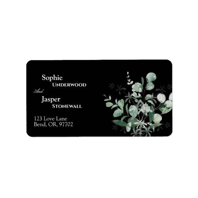 Moderne Greenery Black Wedding-Adresse Adressaufkleber (Vorne)