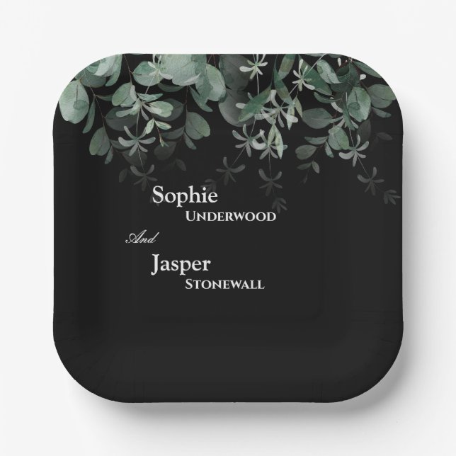 Moderne Greenery Black Wedding Paper Teller (Vorderseite)
