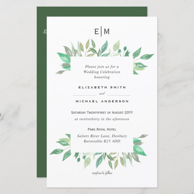 Moderne Greenery Monogram Budget Hochzeit lädt A9  (Vorne/Hinten)