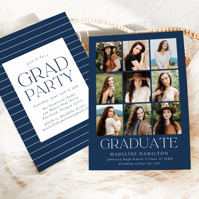 Moderne Grid Navy 9 Foto Collage Graduation Party Einladung (Von Creator hochgeladen)