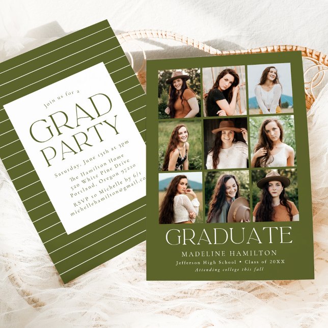 Moderne Grid Olive Green 9 Foto Graduation Party Einladung (Von Creator hochgeladen)