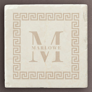Moderne griechische Tastenrahmen-Monogram-Elegante Steinuntersetzer